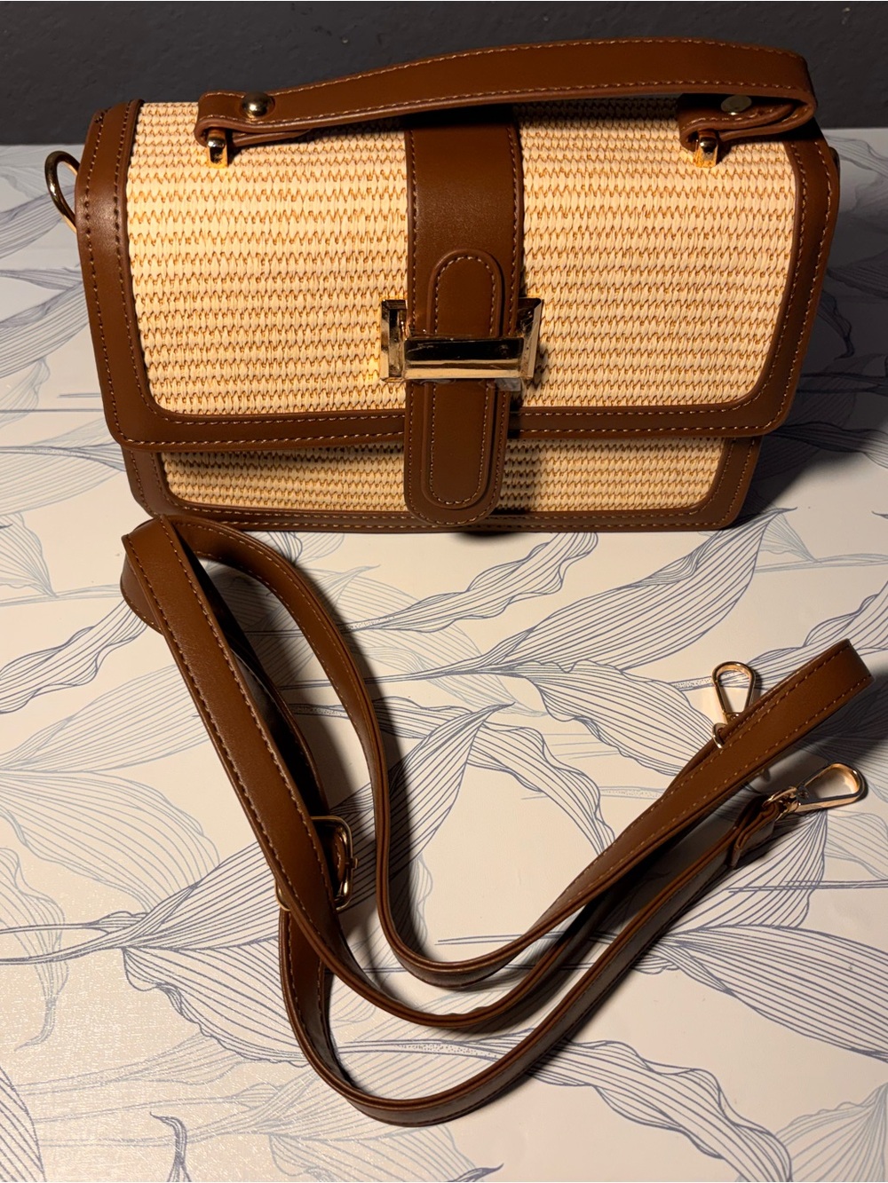 Woven Straw Top-Handle Bag with Brown Leather Trim - Picture 2 of 9